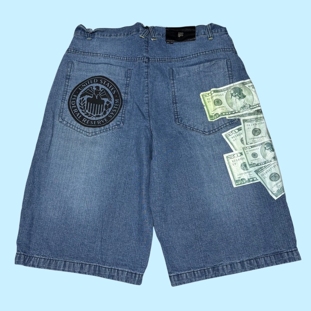 Makaveli Branded Mens W36 Blue Denim Shorts Money Graphic Federal Reserve 1522
